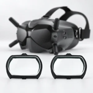 DJI FPV goggles with a pair of black rectangular lens inserts