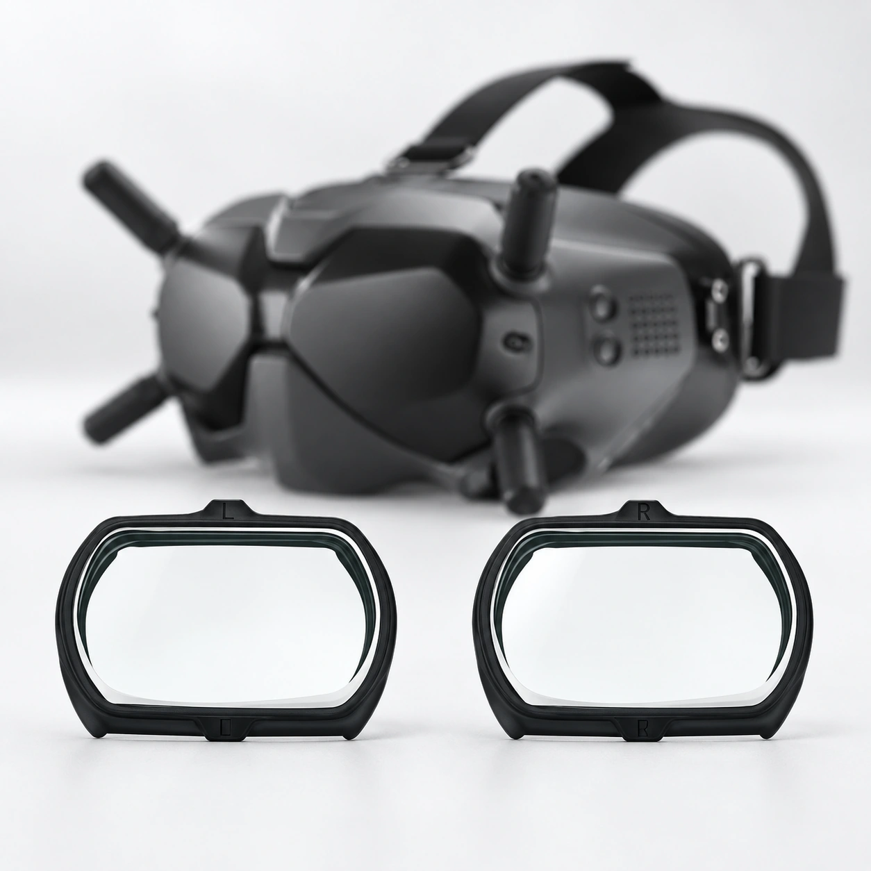 DJI FPV goggles with a pair of black rectangular lens inserts