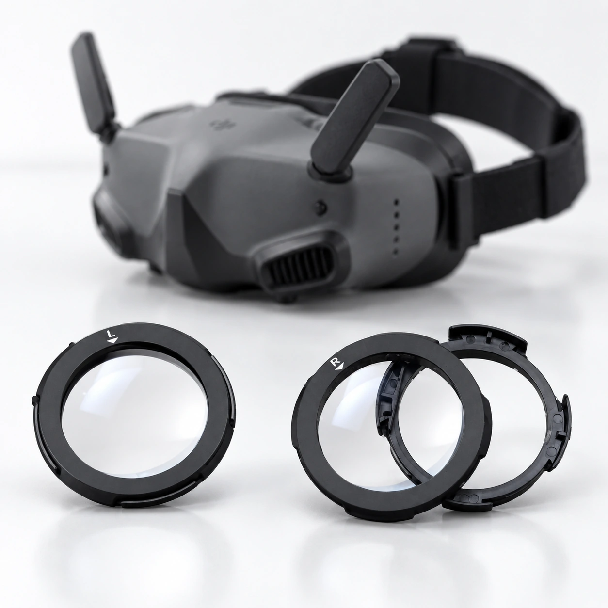 DJI Goggles 2 with round lens inserts displayed in front