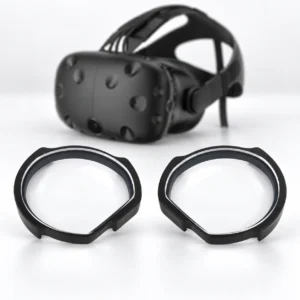 Black HTC Vive headset with a pair of lens inserts