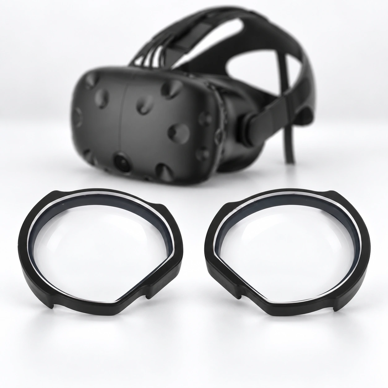 Black HTC Vive headset with a pair of lens inserts