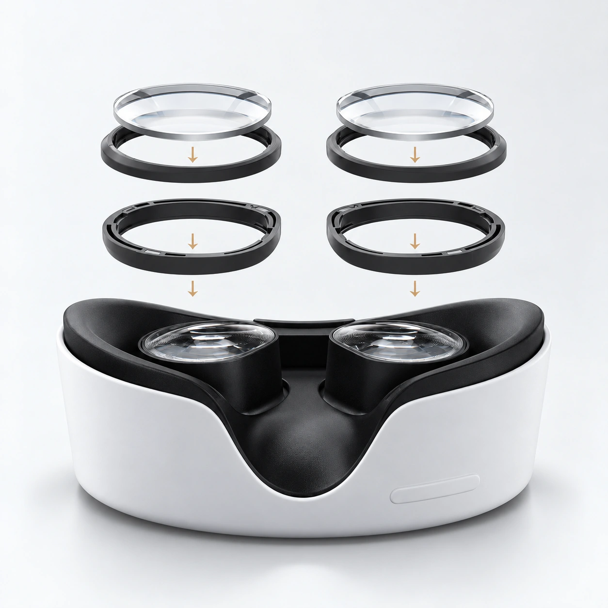 Exploded diagram of two lens inserts aligned above VR headset eyepieces