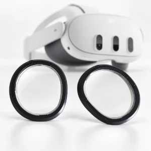 Meta Quest 3 headset with two black round lens inserts
