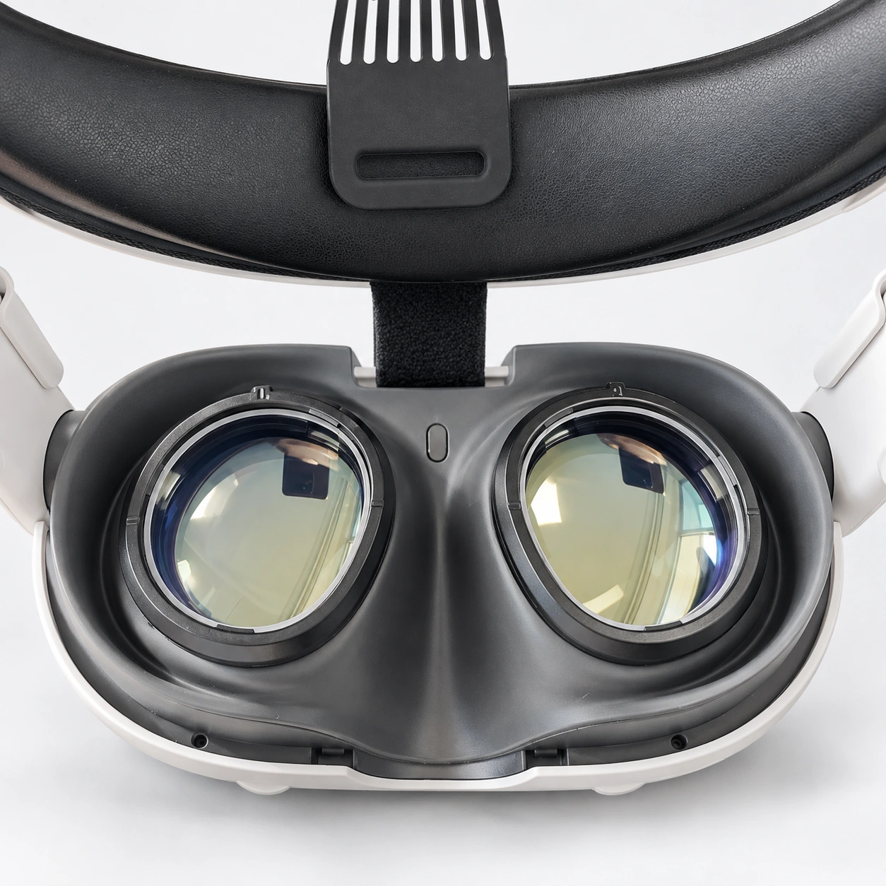 Quest 3 headset interior with black-framed lens inserts over its eyepieces