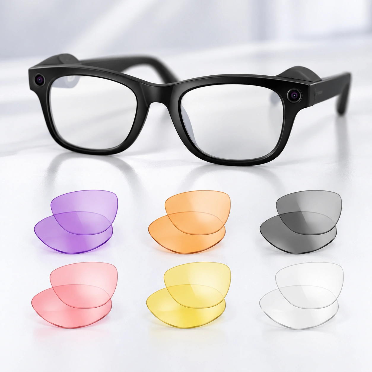 Black Ray-Ban Meta glasses with six pairs of colored lenses