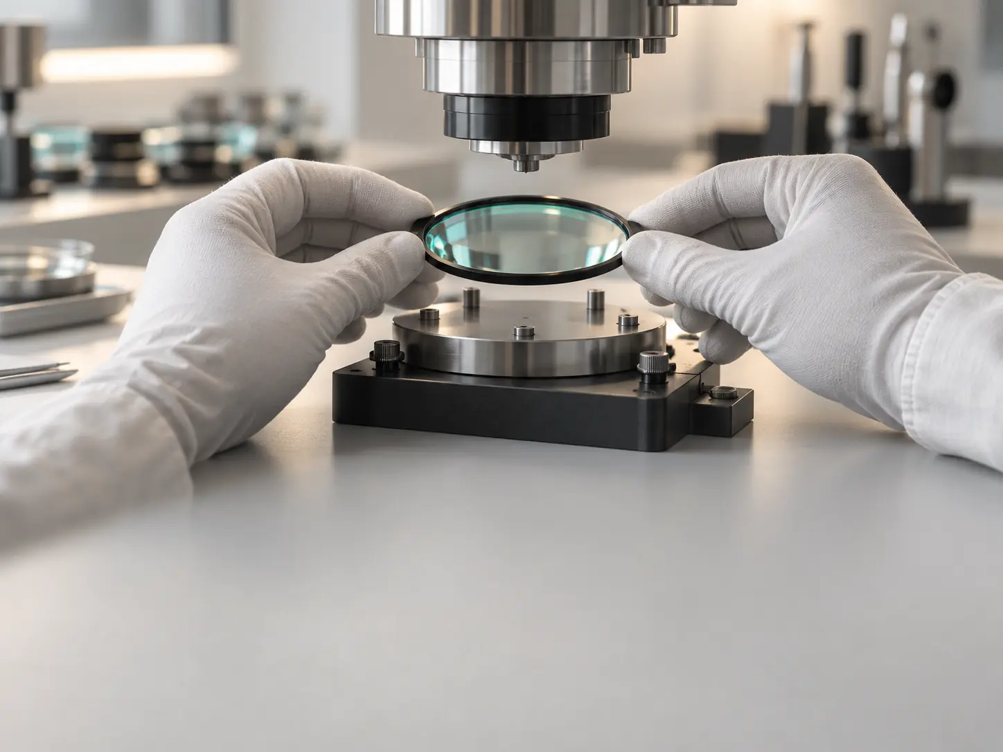 Gloved hands inspecting a clear optical lens with an unbranded instrument