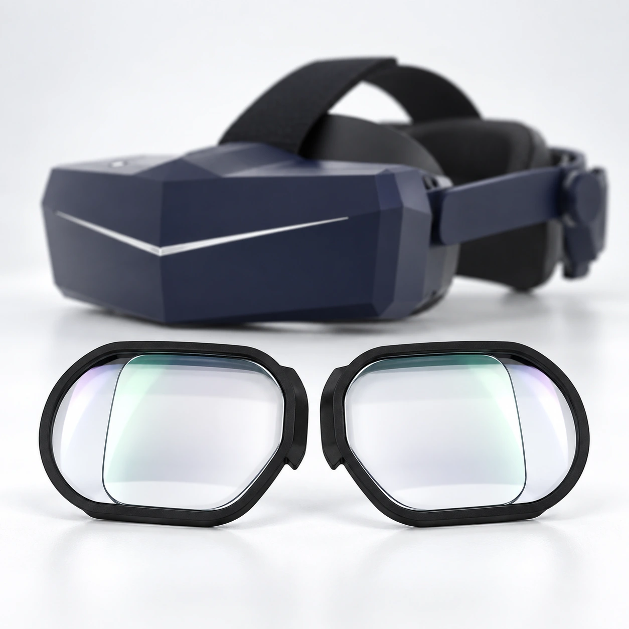 Black Pimax VR headset with two lens inserts displayed in front