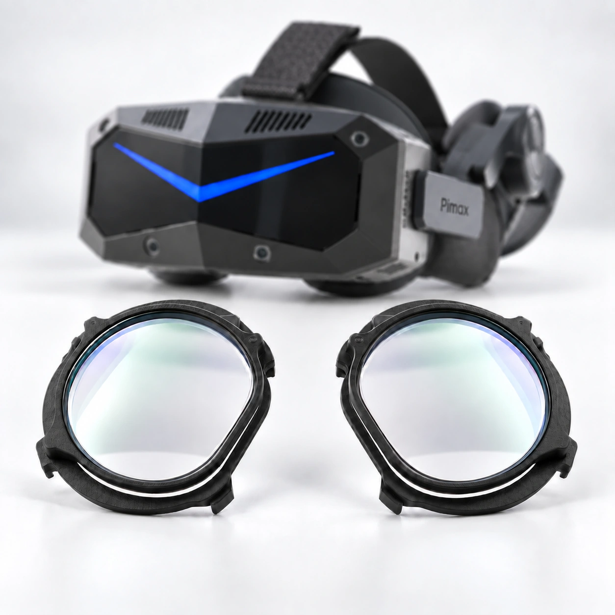 Black Pimax headset with a pair of lens inserts in front
