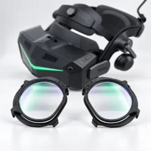 Angled black Pimax headset with two lens inserts in front