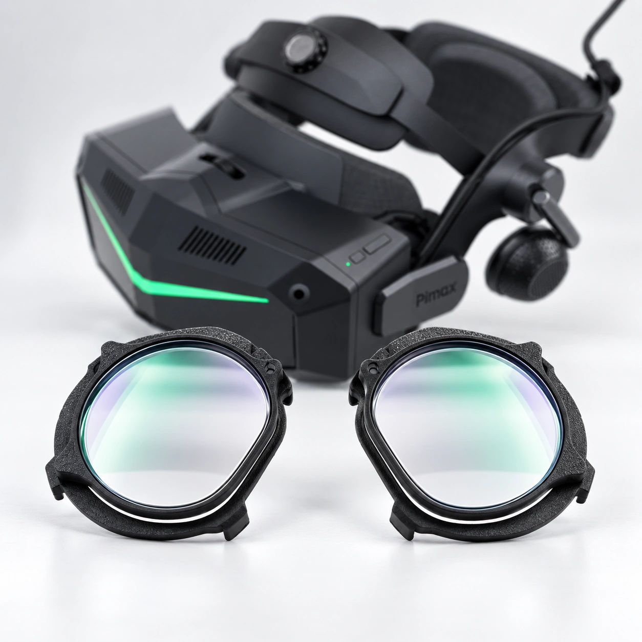 Angled black Pimax headset with two lens inserts in front