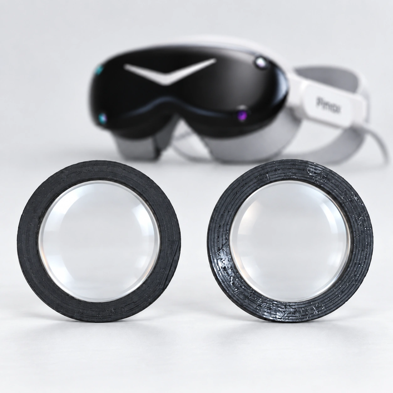Black-and-white Pimax headset with two round lens inserts