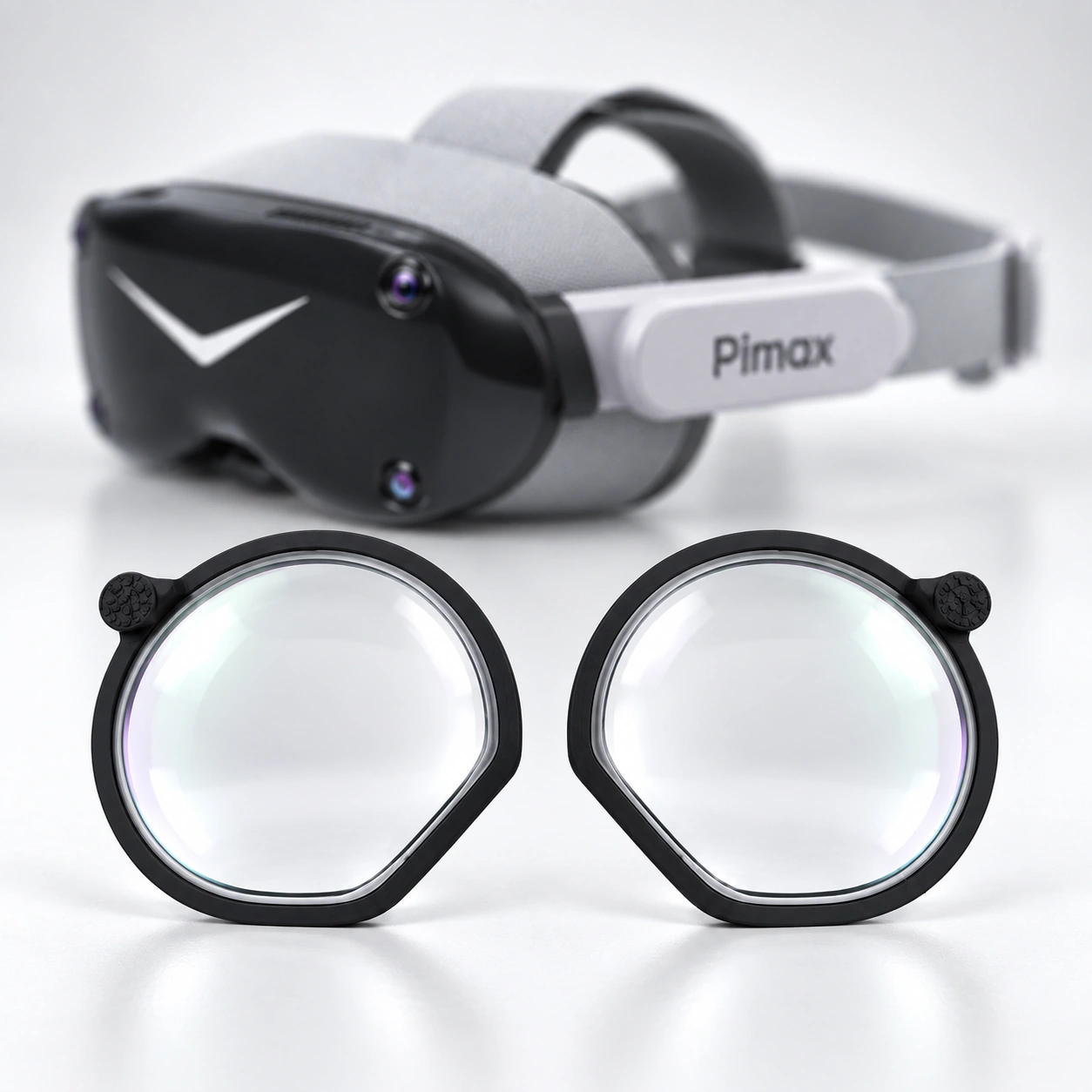 Black-and-white Pimax headset with two round lens inserts