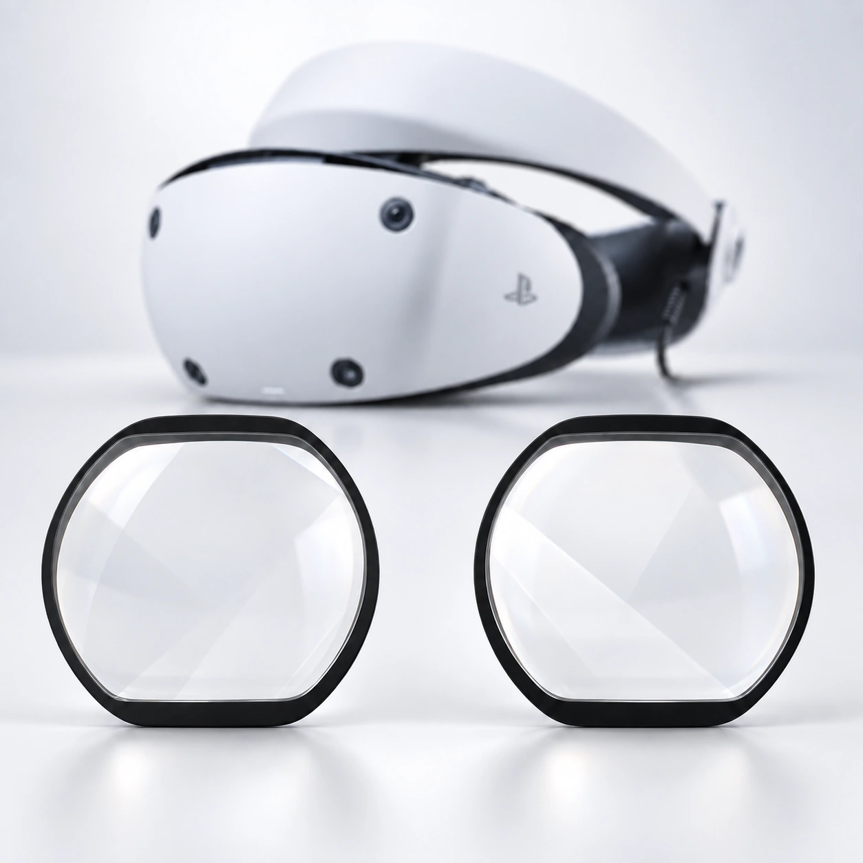 White PlayStation VR2 headset with two black lens inserts