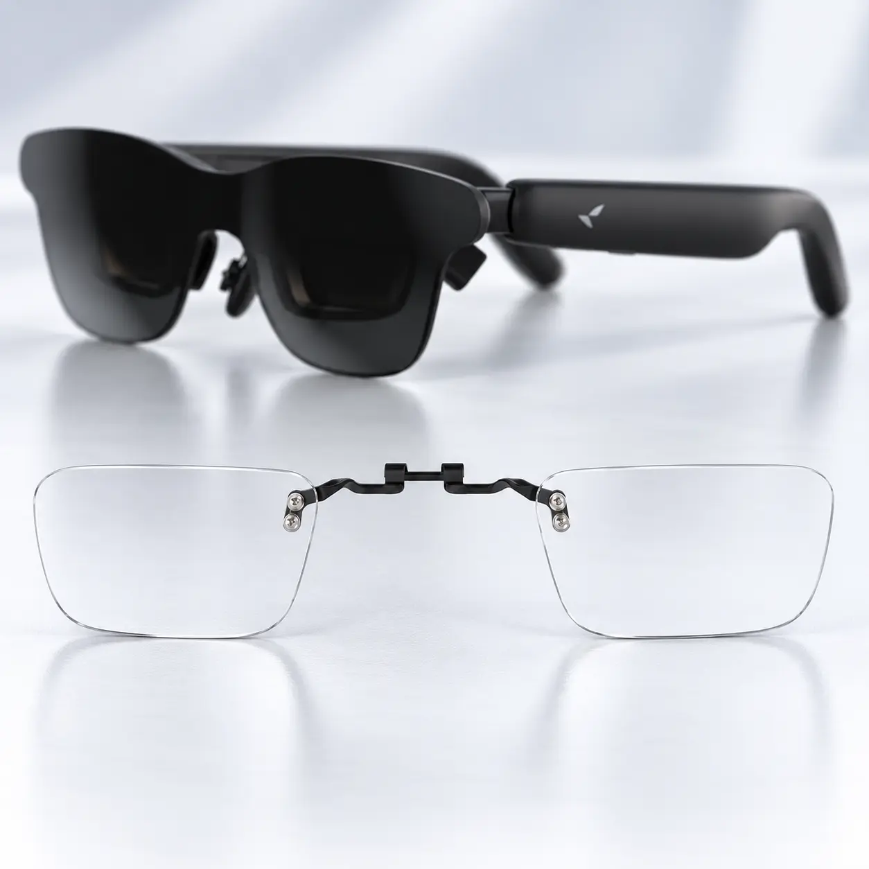 RayNeo GT Max AR glasses and a clear two-lens insert with a black bridge