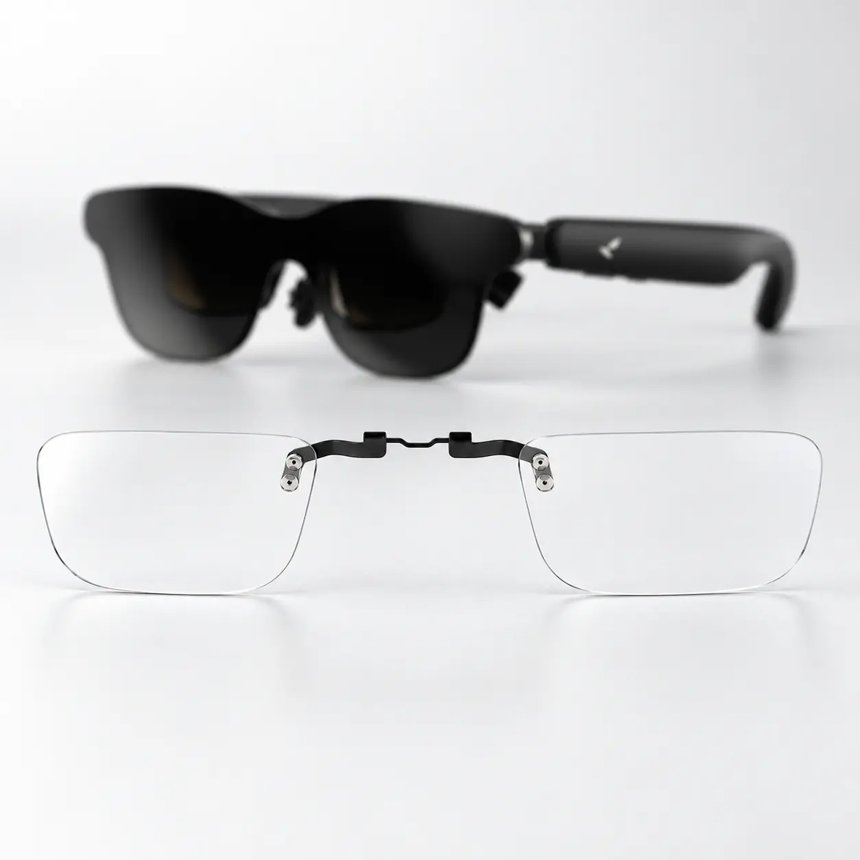 RayNeo GT AR glasses and a clear two-lens insert with a black bridge