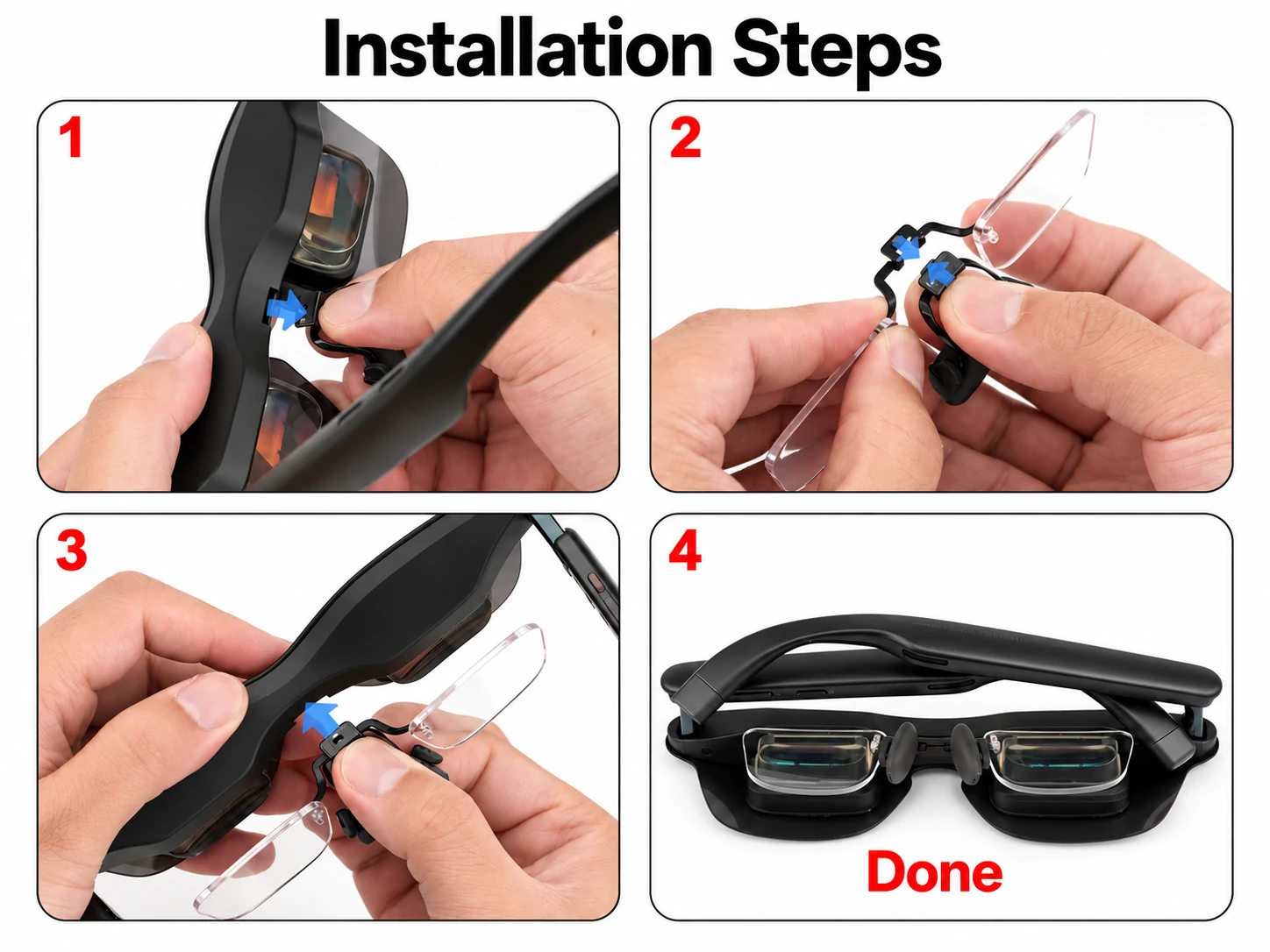 Hands attaching a prescription lens insert to RayNeo GT glasses in four steps
