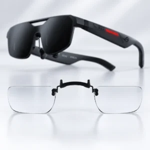 Black ROG XREAL glasses with a clear lens insert displayed below