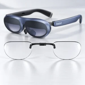 Blue Rokid glasses with a clear lens insert displayed below
