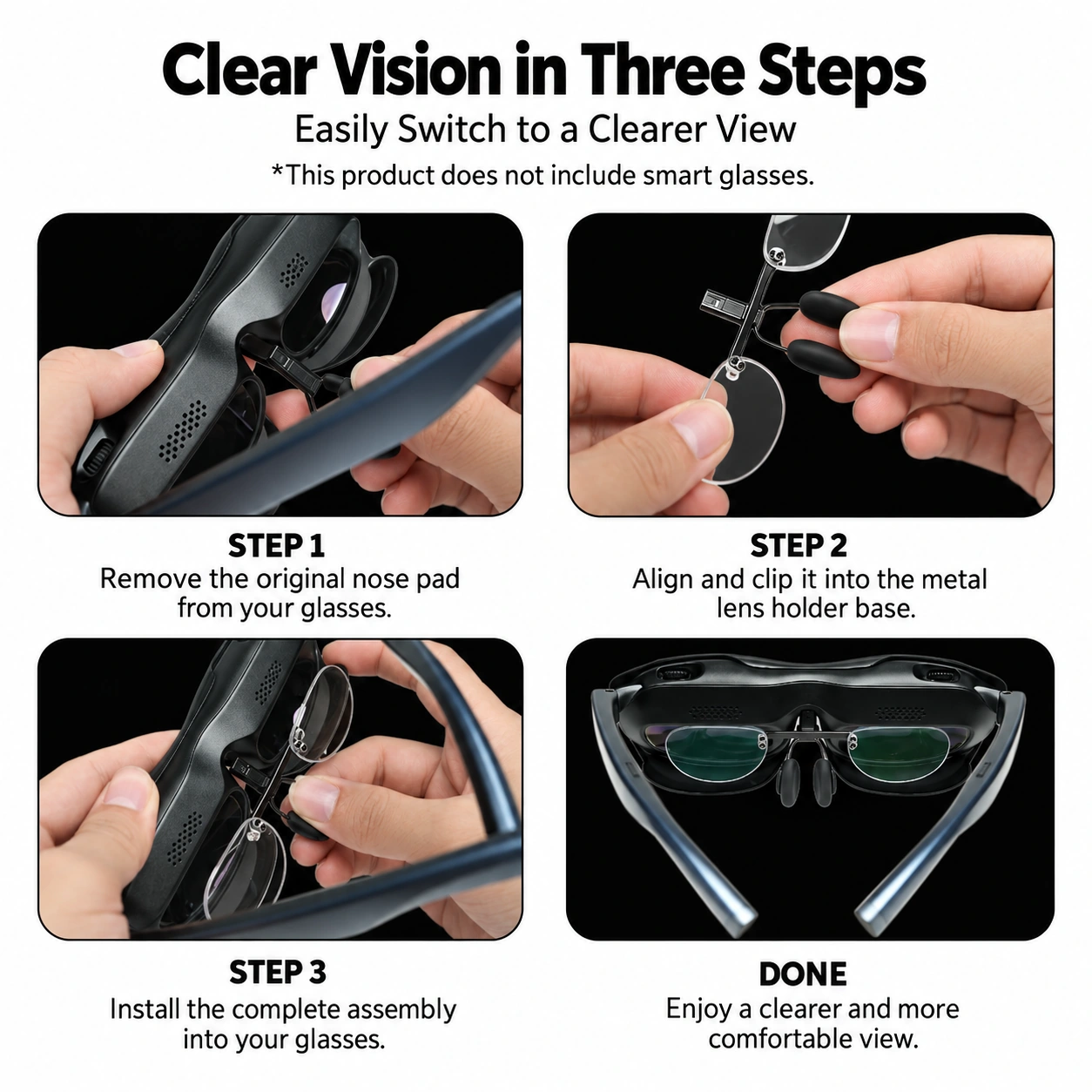 Illustrated steps for placing a clear lens insert inside Rokid glasses