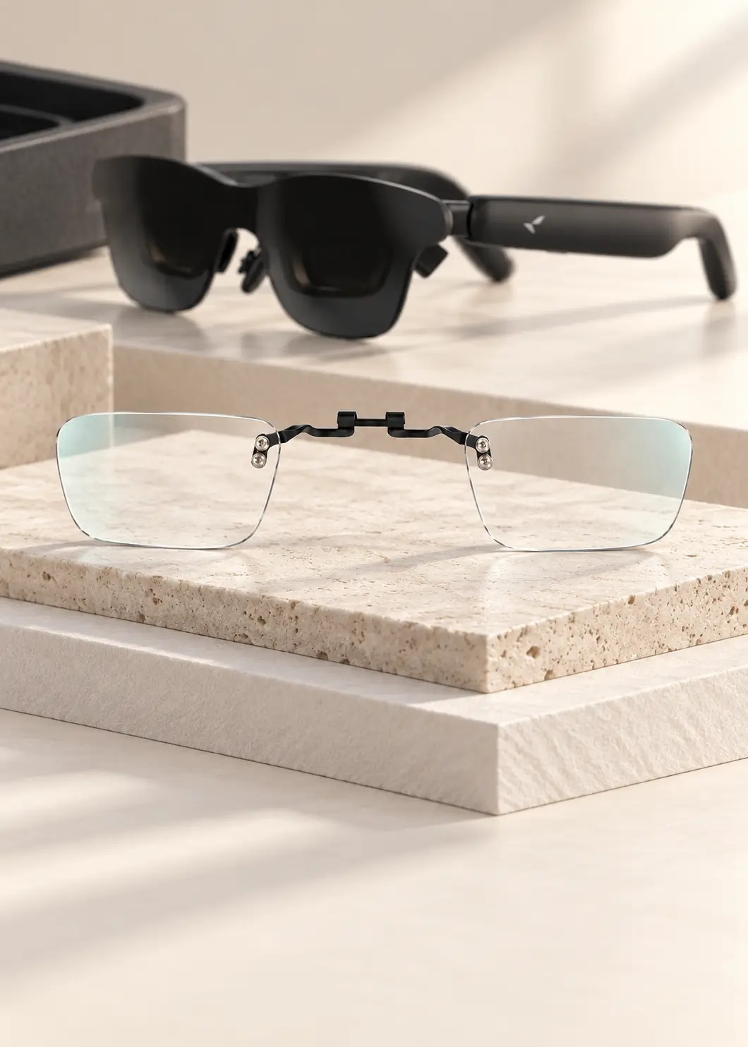 Clear lens insert displayed in front of black smart glasses on a light stone surface.
