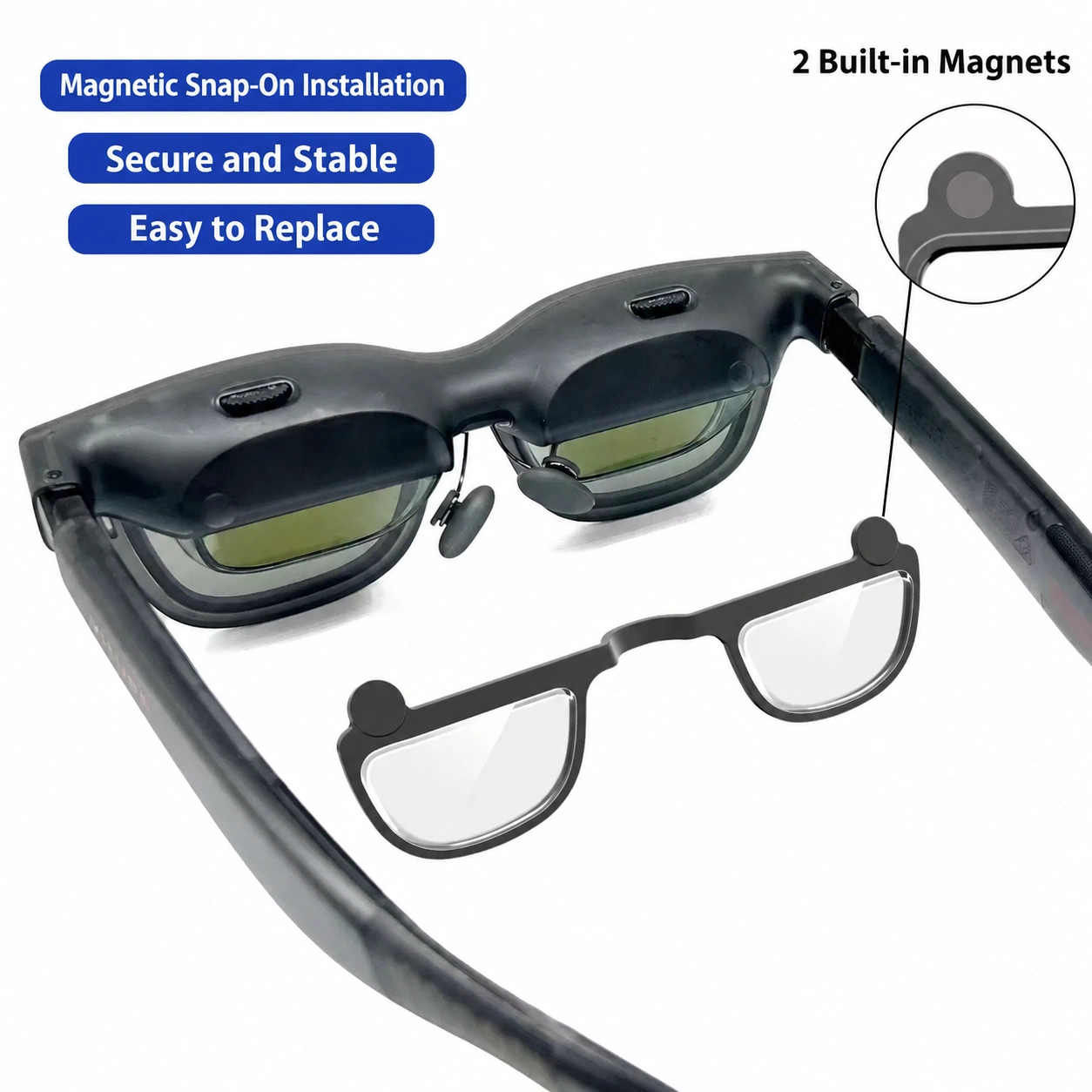 VITURE glasses and a lens insert with two round mounting points