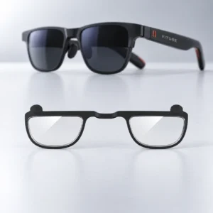 Black VITURE glasses with a black lens insert frame displayed below