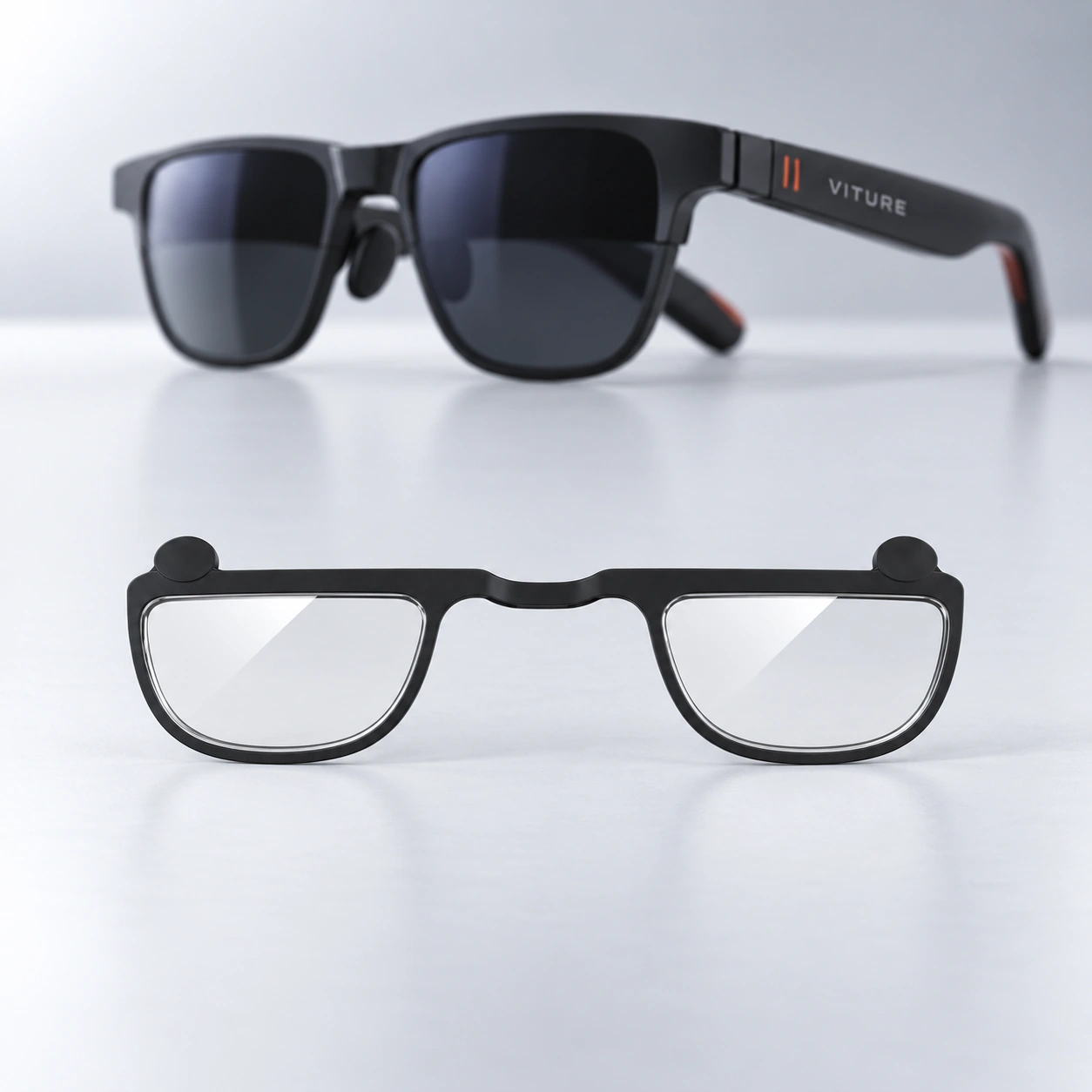 Black VITURE glasses with a black lens insert frame displayed below