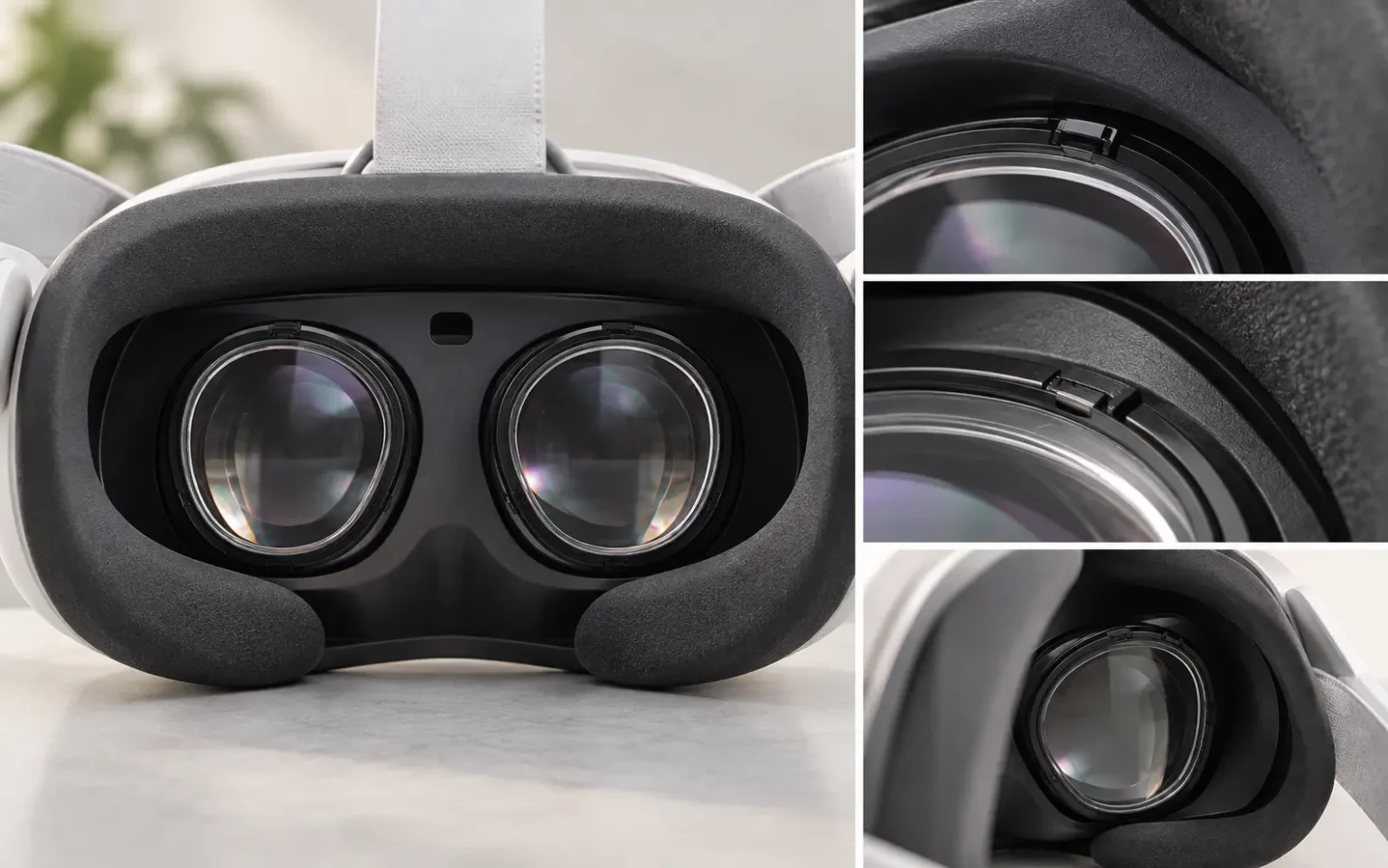 Close-up collage of lens inserts seated inside a VR headset, showing the retaining tabs and surrounding face interface