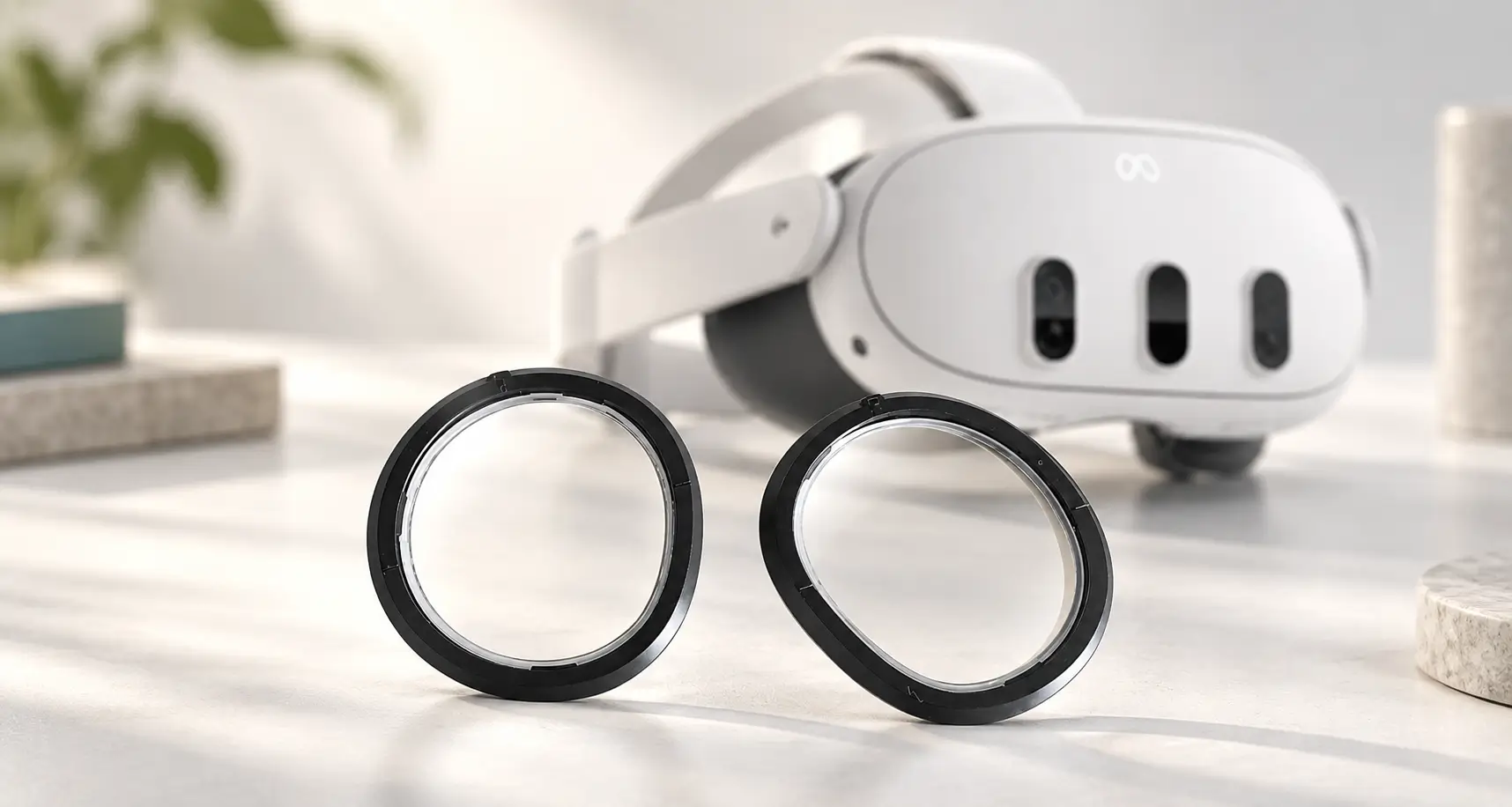 Illustration of two black-rimmed lens inserts in front of a Meta Quest 3 headset
