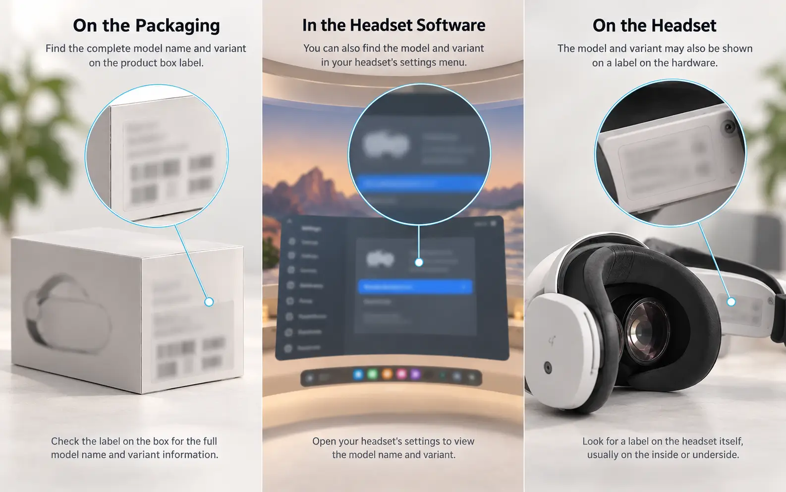 Three-panel guide showing where to find a VR headset model name on packaging, in software, and on the headset