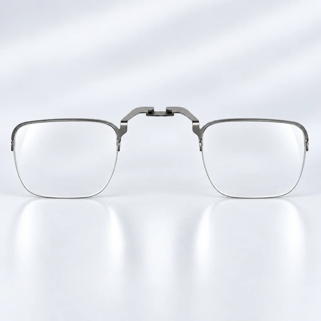 Front view of a silver lens-insert frame with two clear lenses