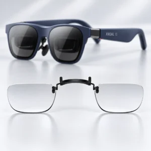 Blue XREAL glasses with a clear lens insert displayed below