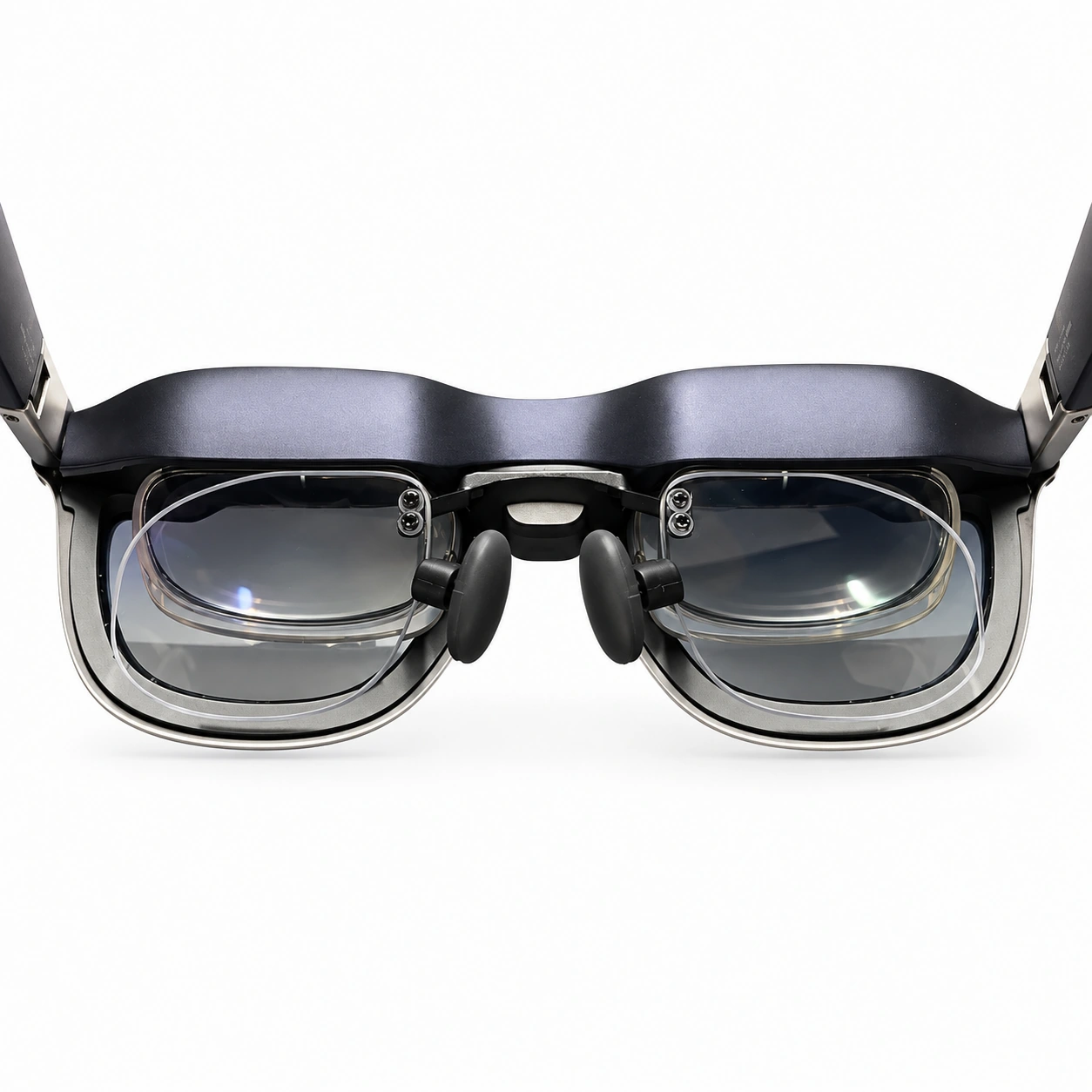 Top view of XREAL glasses with a clear lens insert fitted