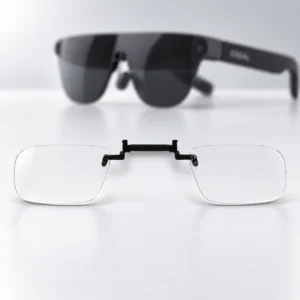 Black AR glasses with a clear lens insert displayed below