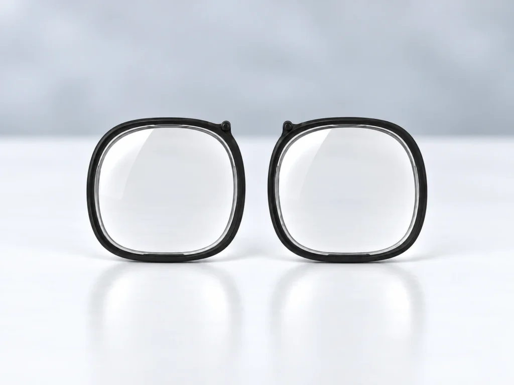 Pair of clear lens inserts for Quest 2 and Quest 3S with round mounting tabs on a smooth pale surface against a cool gray wall.