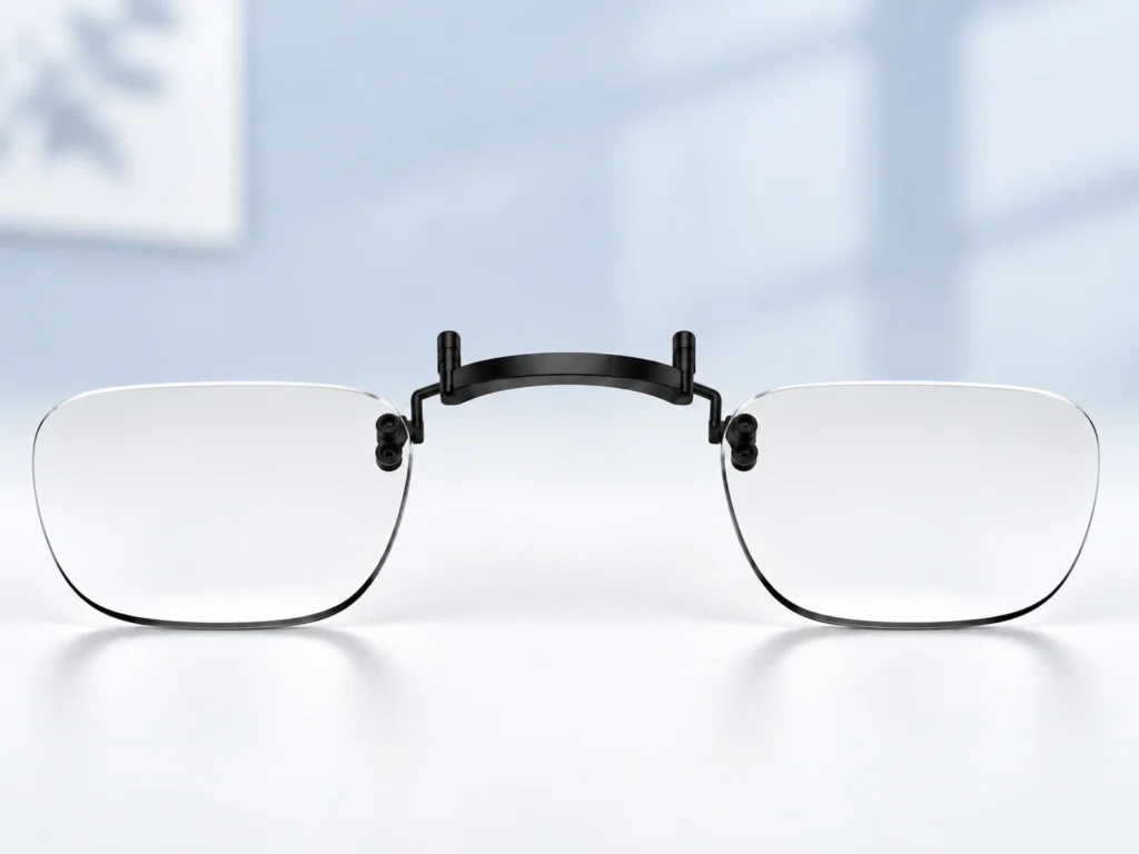 XREAL One and 1S prescription lens insert on a pale workspace background.