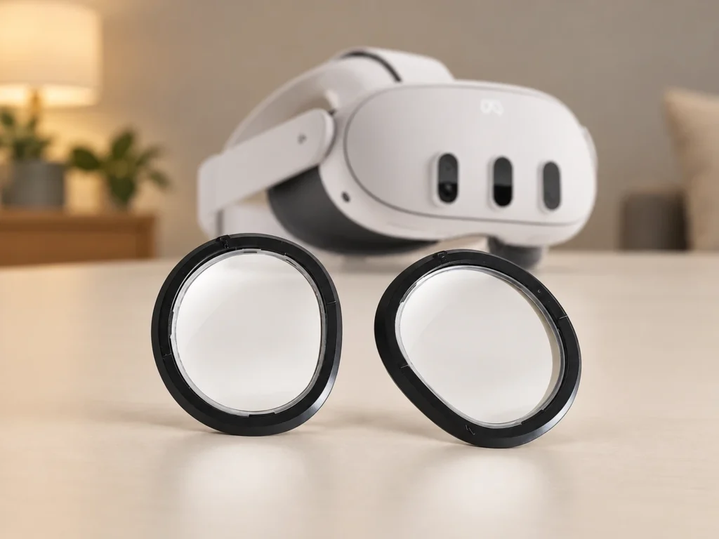 Quest 3 headset behind two clear black-rimmed lens inserts in a warm neutral room.