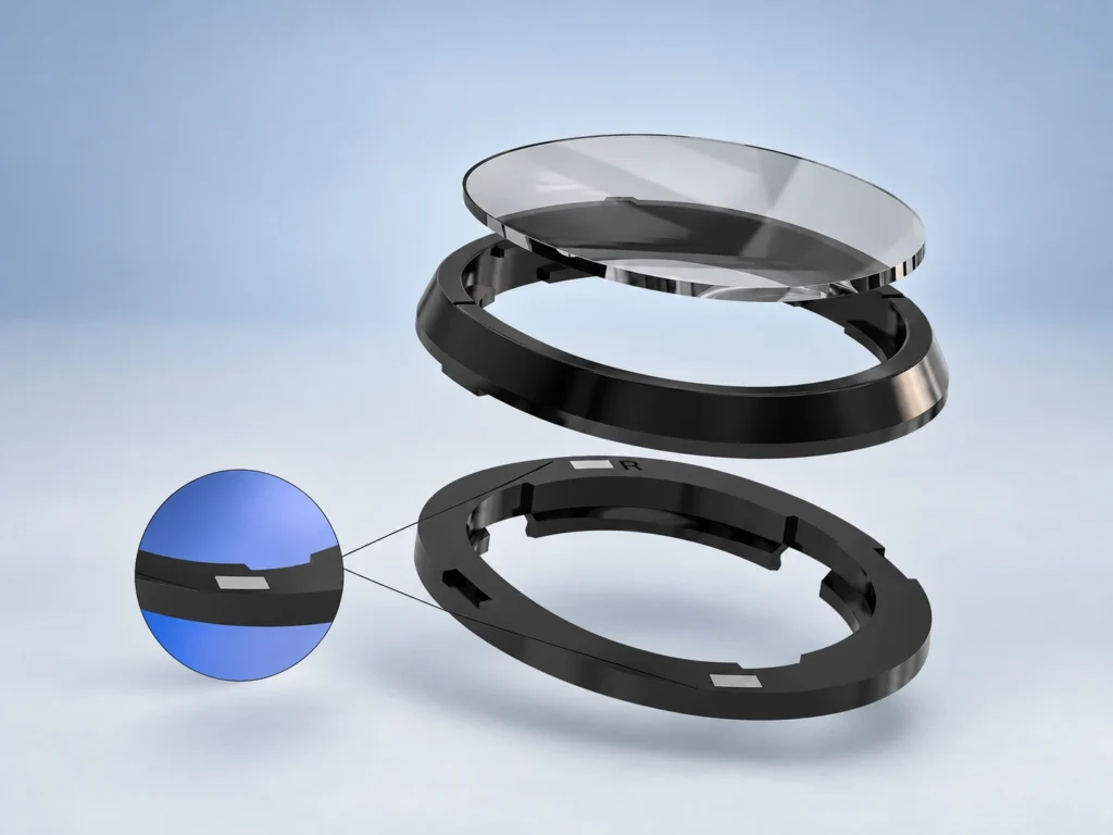 Exploded view of a clear lens and two black insert rings with a blue detail callout on a cool-gray background.