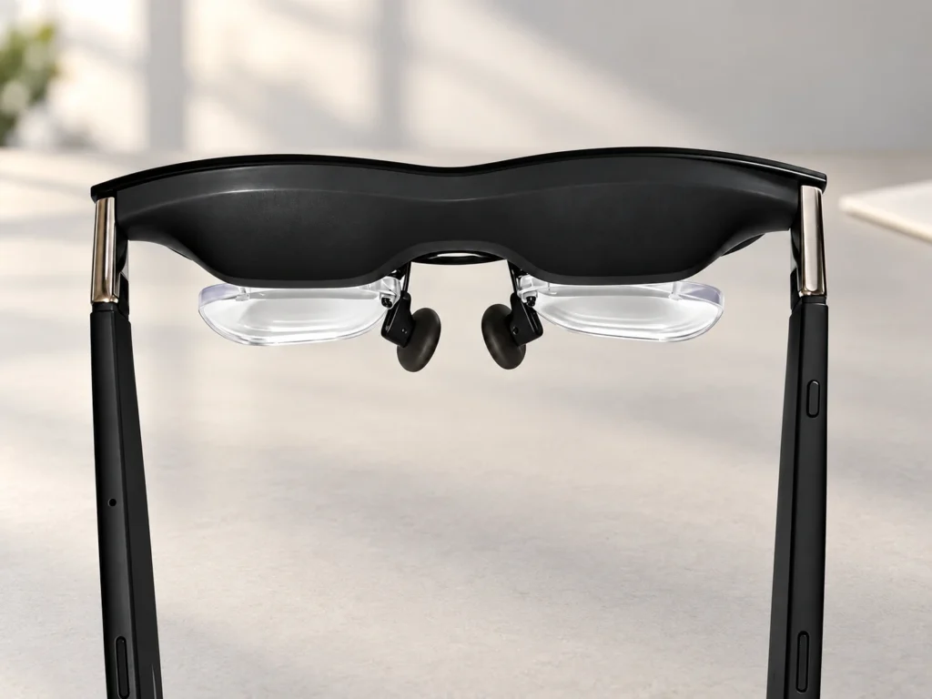 Rear view of XREAL One Pro glasses with clear prescription inserts and two nose pads.