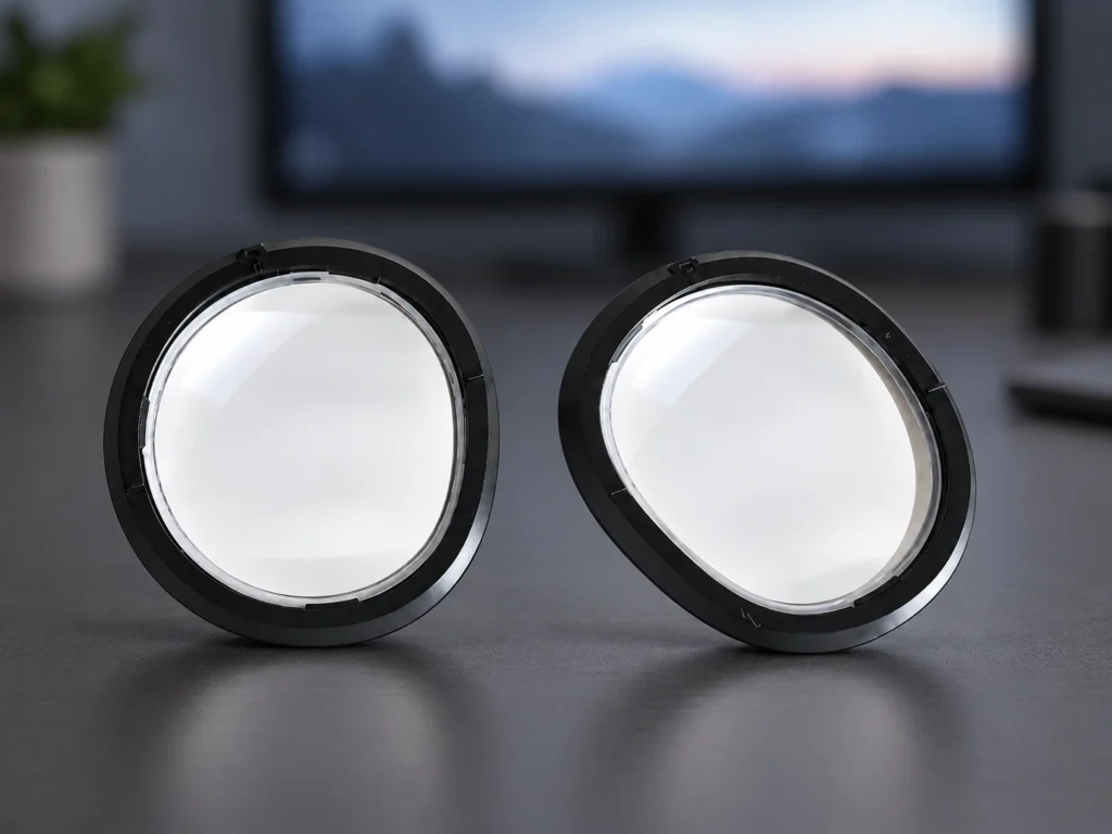 Two clear Quest 3 inserts in black frames on a dark graphite desk with a distant blurred monitor.