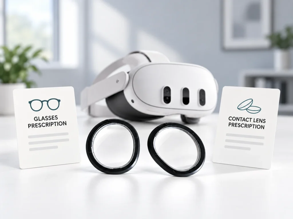 Conceptual glasses and contact lens prescription cards beside two VR inserts and a softly focused headset.