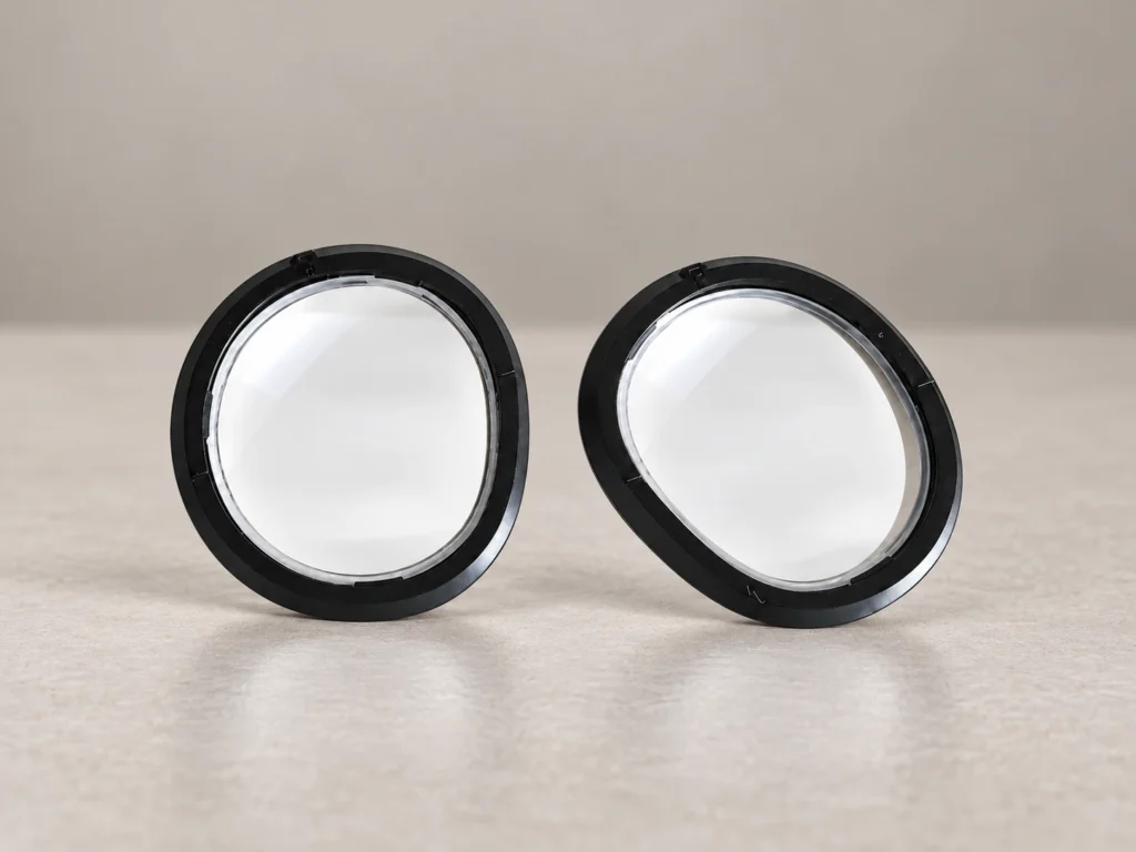 Two clear Quest 3 inserts in black frames on a sand-gray surface.