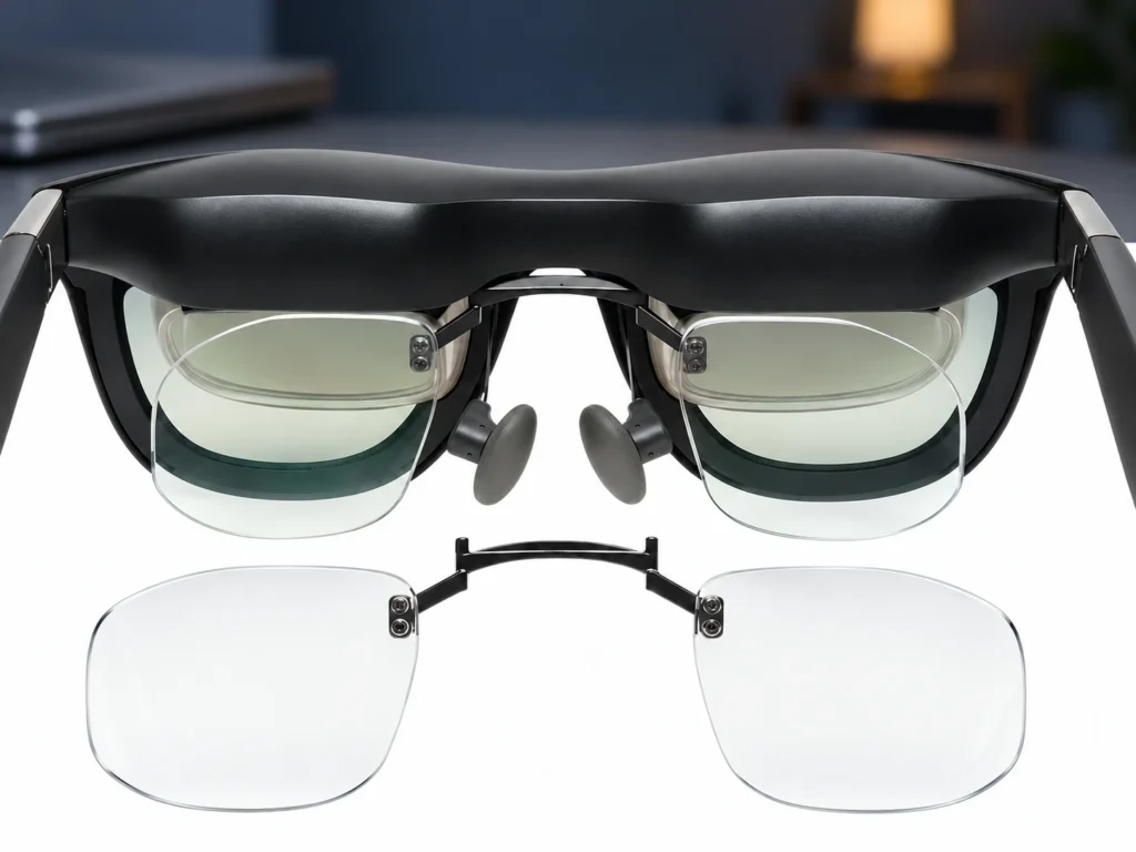 XREAL One and 1S glasses with installed prescription inserts and a separate two-lens insert below.