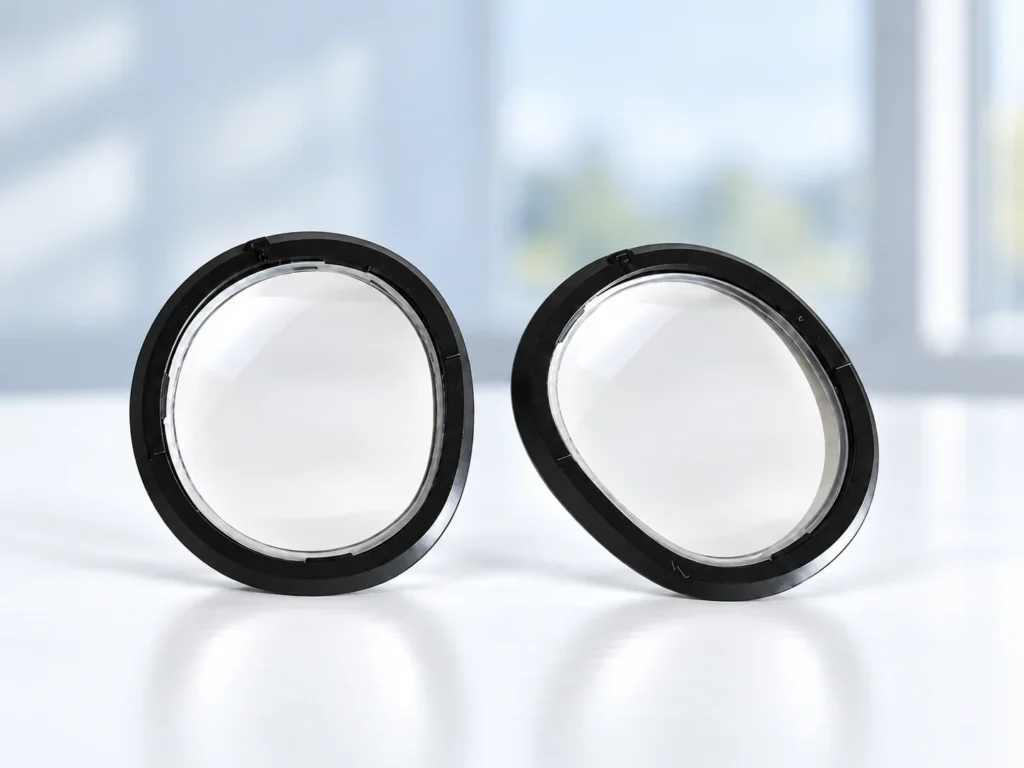 Two Quest 3 prescription lens inserts with black frames on a light surface beside a softly blurred morning window.