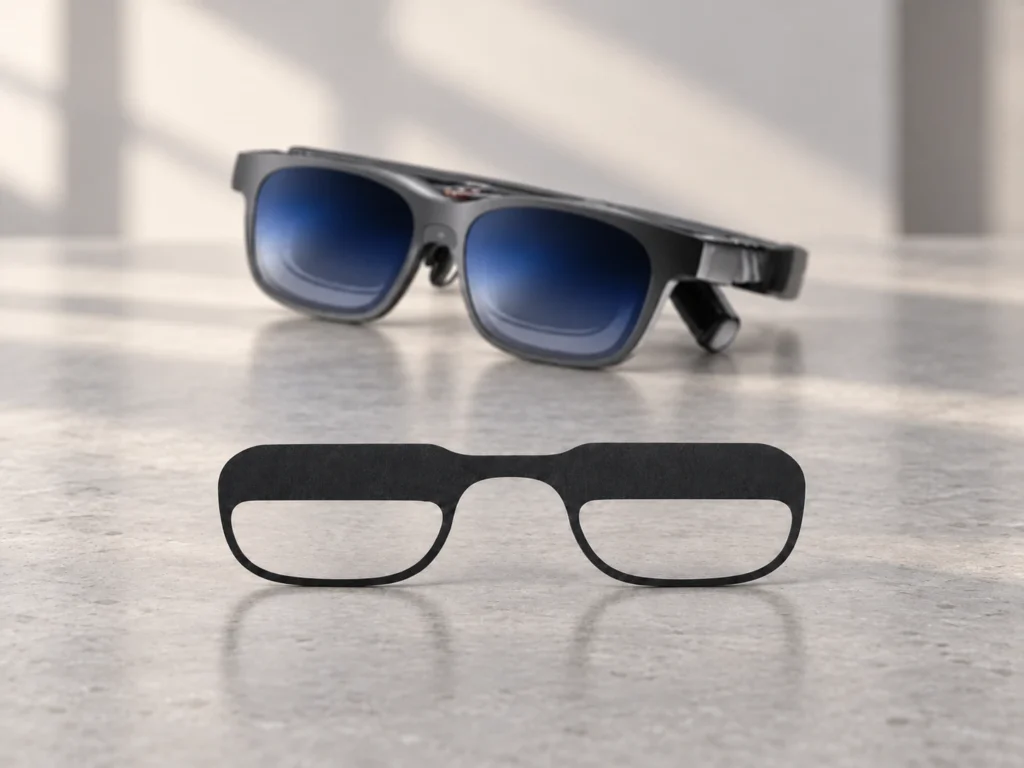 VITURE glasses above a separate black insert frame on a neutral desk.