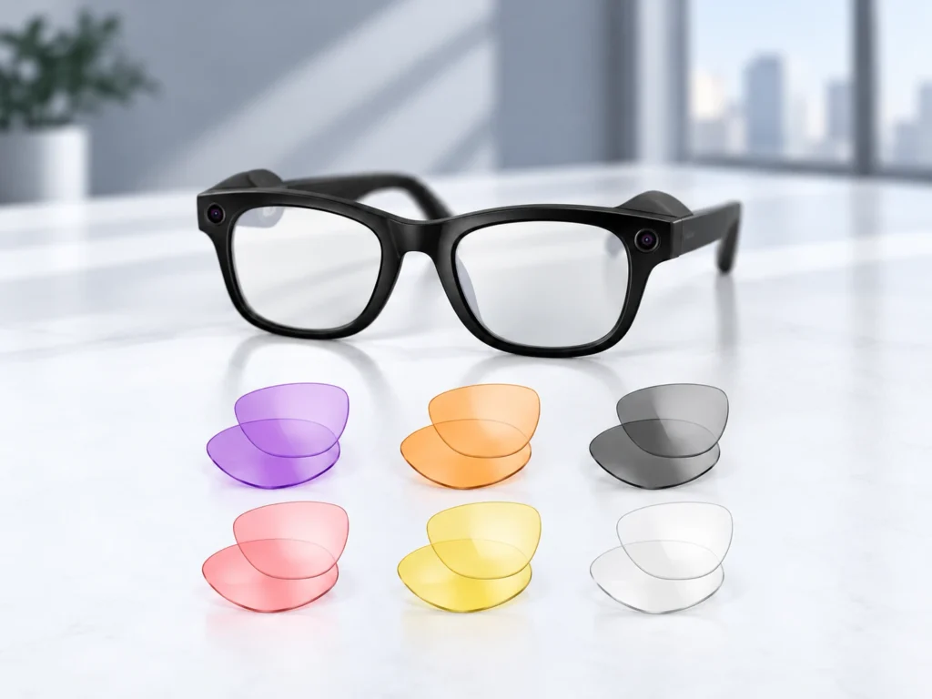 Black Ray-Ban Meta glasses with clear lenses and six separate lens pairs on a neutral background.