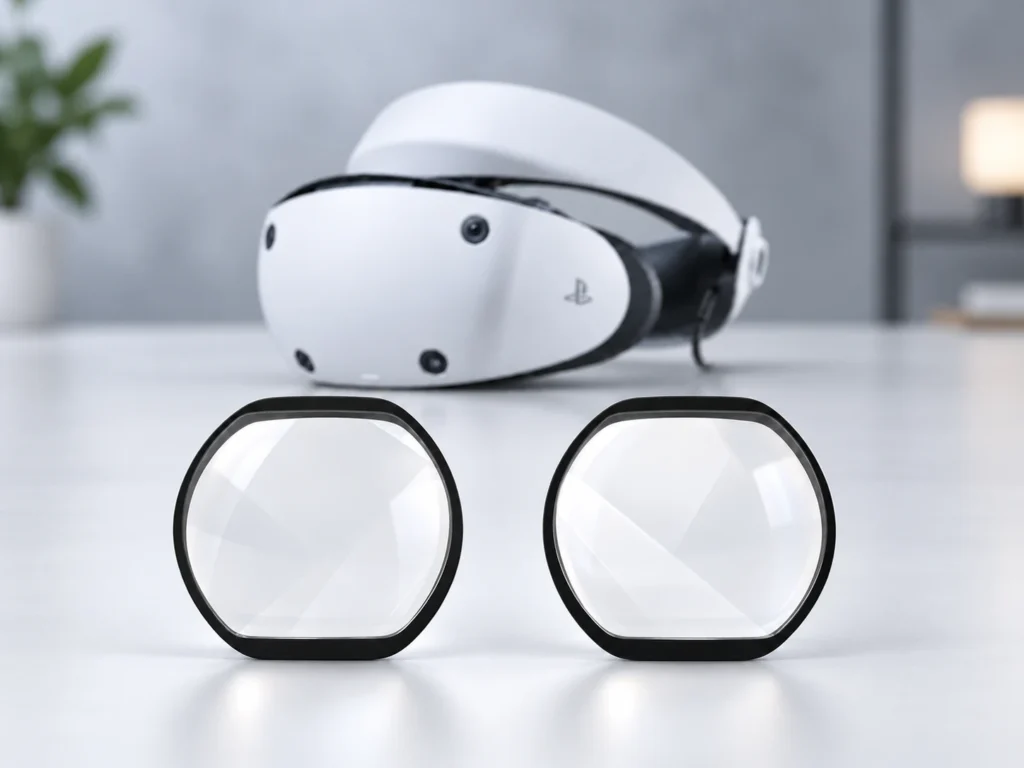 Two black-rimmed prescription lens inserts in front of a PSVR2 headset on a light tabletop.