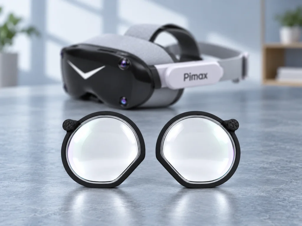 Two black-rimmed prescription lens inserts with round outer tabs in front of a Pimax headset on a blue-gray desk.