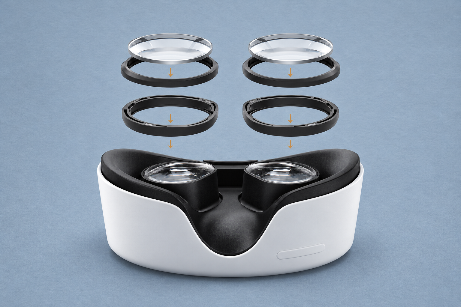 Quest 2 and Quest 3S insert assembly illustration with lenses and rings above the headset eyepieces on blue-gray paper.
