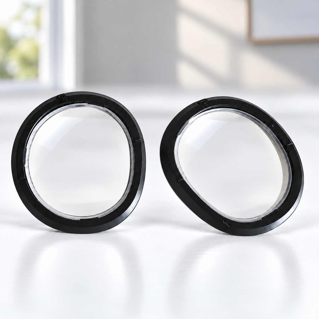 Two clear Quest 3 prescription lens inserts in black frames beside a window.